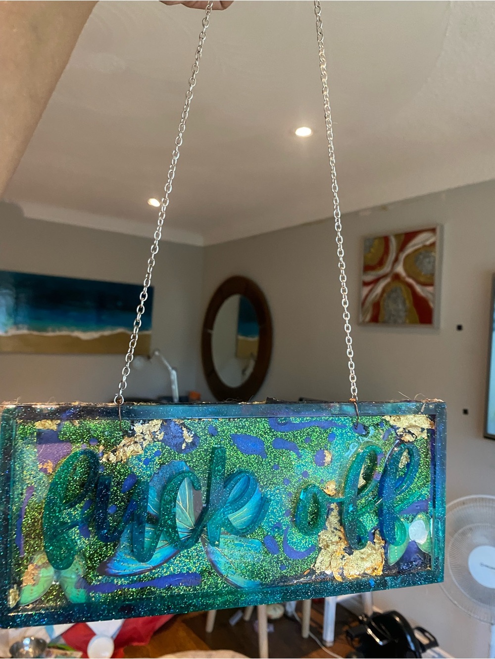 Handmade Green Blue Glitter 'Live Life' Hanging Art Sign
